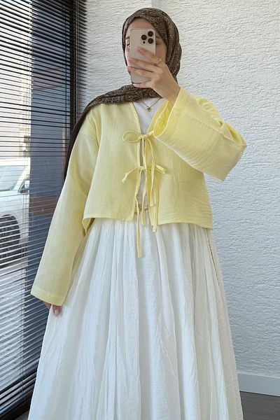 MELEK ARAZ Front Tie Short Muslin Kimono - Yellow