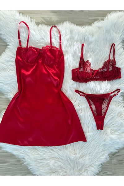 Pijamacs Red Satin Nightwear and Lingerie Bralet Bra Suit Dowry Set
