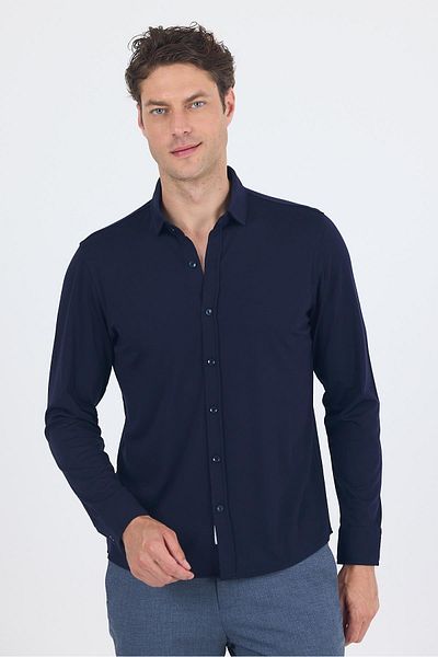 İmza Σκούρο Navy Blue μακρυμάνικο μονόχρωμο πλεκτό γιακά πόλο χωρίς τσέπη Stretchy Classic Slim Fit πουκάμισο 1004250153_200