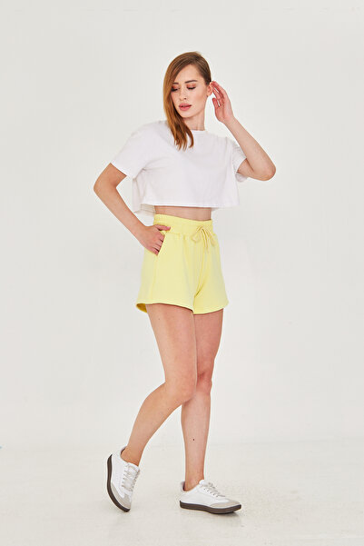 LEBRA Γυναικείο κίτρινο ύφασμα Modal καλοκαιρινό σορτς με τσέπη, ελαστική μέση με κορδόνια, ελαστική λύκρα καθημερινό άνετο μοντέλο