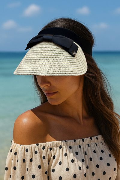 LAGRANZE Summer Women's Ribbon Detailed Banded Straw Visor Hat