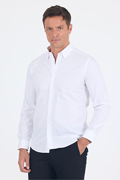 İmza Λευκό Smart Biritli Collar χωρίς τσέπη υφασμάτινο πόδι μακρύ μανίκι Slim Fit 100% βαμβακερό πουκάμισο 1004250223