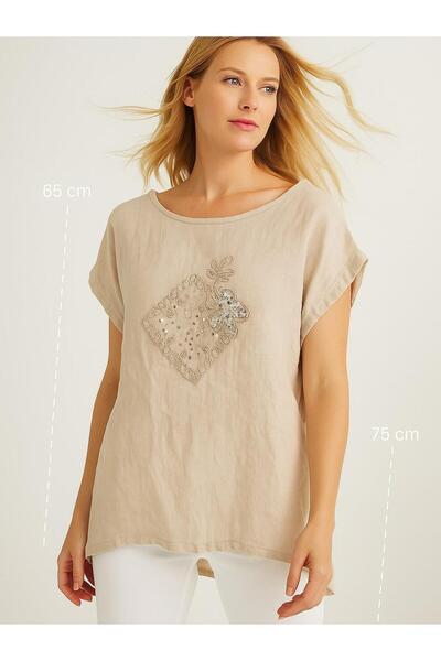 Butik İtalyan Nakış Detaylı Keten Bluz - BEJ