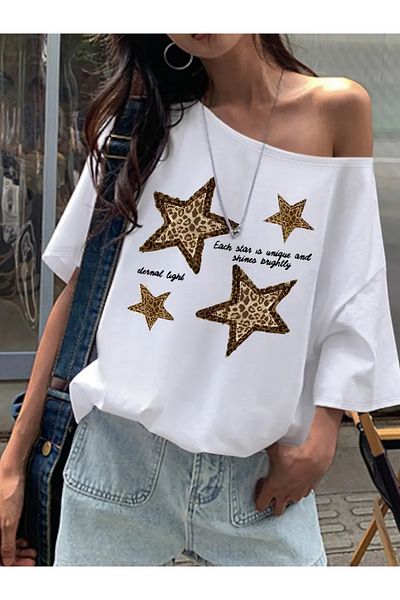 Machetta Tricou de damă cu umăr jos cu imprimeu cu stea leopard cu decolteu barcă