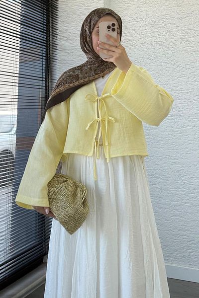 MELEK ARAZ Front Tie Short Muslin Kimono - Yellow