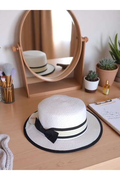 Shopiolog Pălărie de paie pentru femei Gondol cu fundă de vară, plajă, pălărie de soare, accesoriu pentru femei, modă, stil, modă de vară