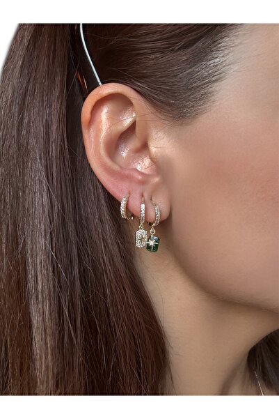 DGK COLLECTİON 14K gold renk,3’lü zümrüt ve kristal taşlı trend küpe seti