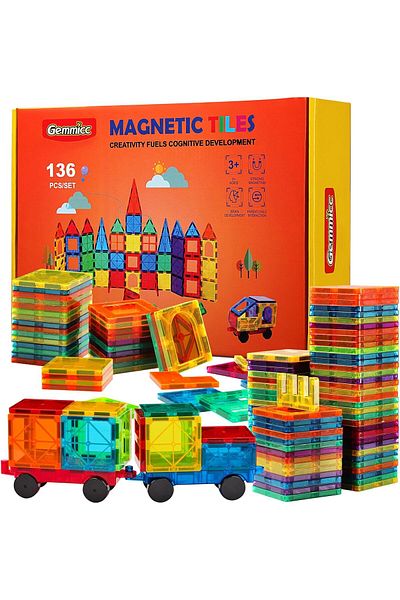 KİDOL Gemmicc Magnetic Tiles, Deluxe 136 PCS Building Blocks Magnet Toys for Kids, 3D Magnet Puzzles Stack