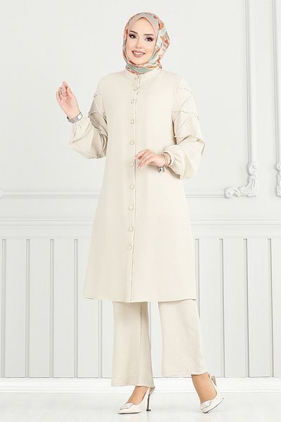 ModaMerve Front Button Aerobin Suit 357Dvl897-M Stone