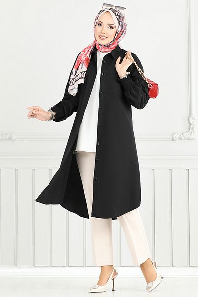 ModaMerve Μπροστινό κουμπί Hijab Tunic 282ASN936-M Μαύρο
