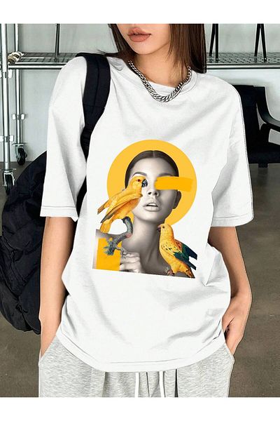 Frisson Cotton Oversize White Crew Neck Casual T-Shirt "Parrot" Printed T-Shirt