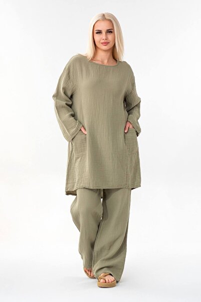 Fashion Showcase Muslin Tunic 100% Cotton Pocket Detail Loose Muslin Dress Hijab Green