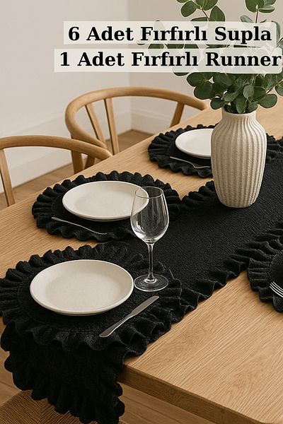 KAMİZ Black Ruffled Linen Runner & 6-Piece Ruffled Supla Set - 7 Piece Dowry Set