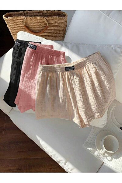 MOONBULL Kadın California Etiket Detaylı Bürümcük Kumaş Rahat Kesim 3'lü Şort