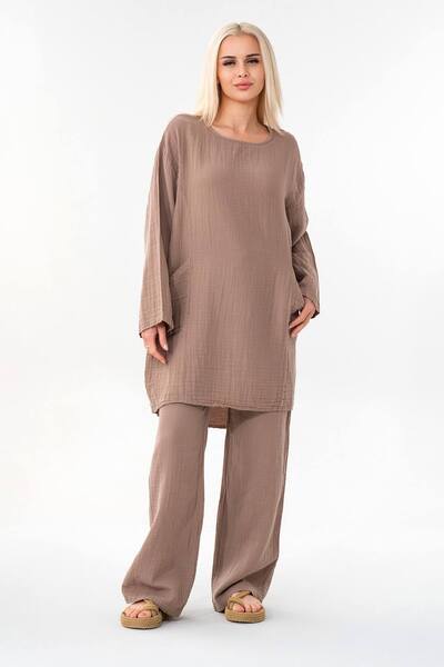 Fashion Showcase Muslin Tunic 100% Cotton Pocket Detail Loose Muslin Dress Hijab Mink