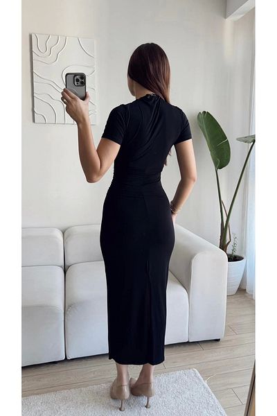 Zoom Butik Short Sleeve Draped Dress - Black