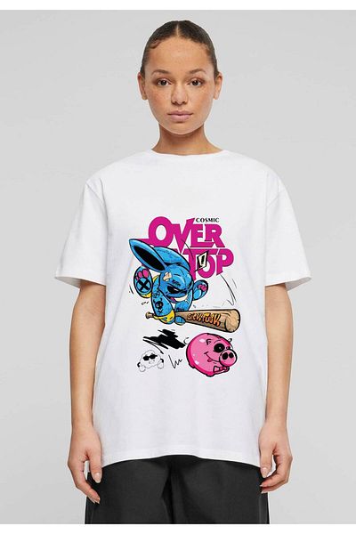 Frisson Cotton Oversize White Crew Neck Comfortable T-Shirt "Blue Rabbit" Printed T-Shirt