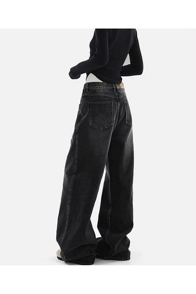 KOTOLOG Μαύρο ρετρό vintage πλενόμενο Unisex φαρδύ τζιν