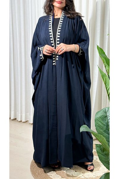 Elegant Navy blue washed crepe abaya with butterfly-cut sleeves