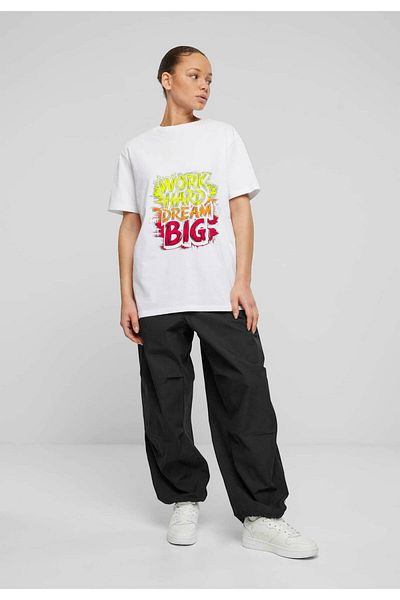 Frisson Cotton Oversize White Crew Neck Casual T-Shirt "Work Hard" Printed T-Shirt