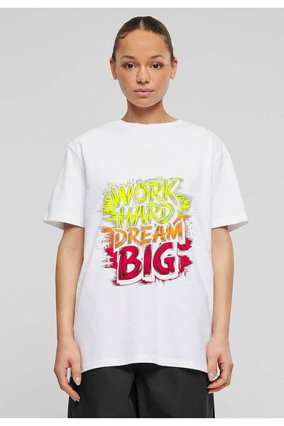 Frisson Cotton Oversize White Crew Neck Casual T-Shirt "Work Hard" Printed T-Shirt