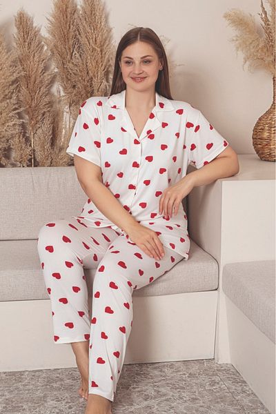 Farya Home Plus Size Milan Button Heart Lycra Shirt Pajama Set