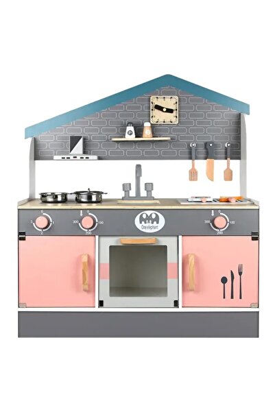 LITTLE ANGEL مجموعة ألعاب مطبخ خشبية للأطفال - وردي/رمادي