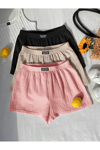 MOONBULL Kadın California Etiket Detaylı Bürümcük Kumaş Rahat Kesim 3'lü Şort