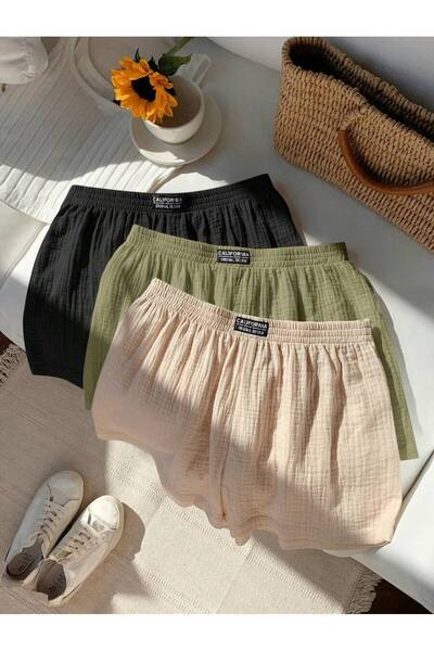 MOONBULL Kadın California Etiket Detaylı Bürümcük Kumaş Rahat Kesim 3'lü Şort
