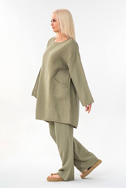 Fashion Showcase Muslin Tunic 100% Cotton Pocket Detail Loose Muslin Dress Hijab Green