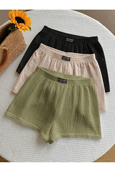 MOONBULL Kadın California Etiket Detaylı Bürümcük Kumaş Rahat Kesim 3'lü Şort