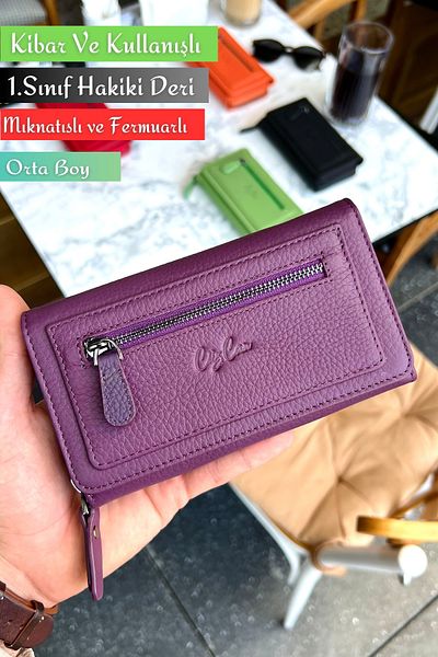 CüzCan Julia Plum Genuine Leather Women's Wallet Medium Size Stylish and Convenient