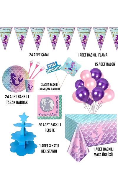 Evabrite Mermaid 24 Person Birthday Party Set - Mermaid Concept Cake Stand
