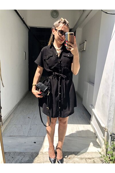 Gözde Tasarım Butik KADIN BEJ RENGİ GÖMLEK YAKA DÜĞMELİ KUŞAKLI SAFARİ TARZI CEPLİ KISA KOL YAZLIK FLAM KETEN ELBİSE