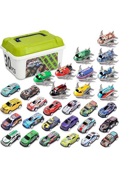 supecaty Pull-back Cars and Airplanes Toy Set with Storage Box, 30 Pieces