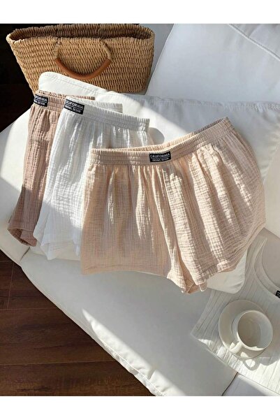 MOONBULL Kadın California Etiket Detaylı Bürümcük Kumaş Rahat Kesim 3'lü Şort