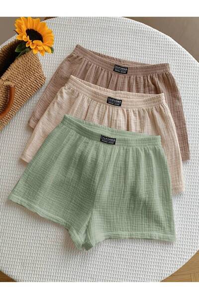 MOONBULL Kadın California Etiket Detaylı Bürümcük Kumaş Rahat Kesim 3'lü Şort