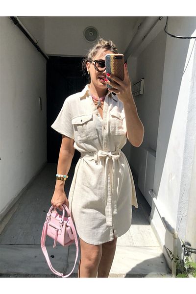 Gözde Tasarım Butik Women's Beige Shirt Collar Buttoned Belt Safari Style Pocketed Short Sleeve Summer Flam Linen Dress