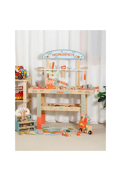 LITTLE ANGEL Kids Wooden Tool Workbench – Pretend Play Set with Realistic Tools for Toddlers