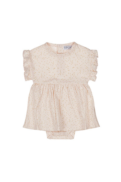 Dirkje فستان رومبر بناتي قطني بأكمام مكشكشة - خوخي بنقط ذهبية