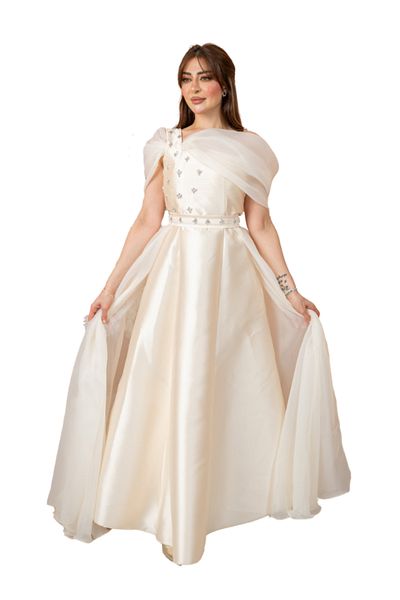 Nice Model Dawn Sparkle Taffeta Evening Gown with Off‑Shoulder Organza and Embellished Bodice