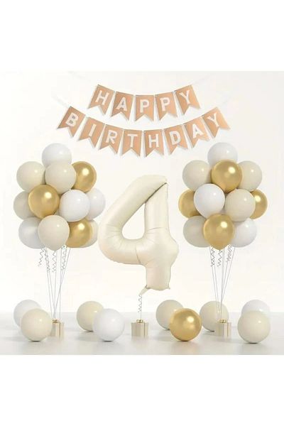 BALON DİYARI Birthday Balloon Set 🎂 |   Gold 🤍   White 🤎   Sea Sand |   Foil Balloon and Banner Including Numbers!