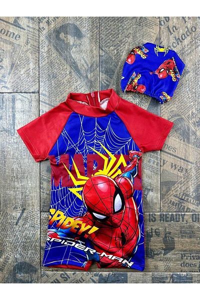 gnygiyim Boy's Character Patterned Sun Protection Jumpsuit Swimsuit with Bonnet