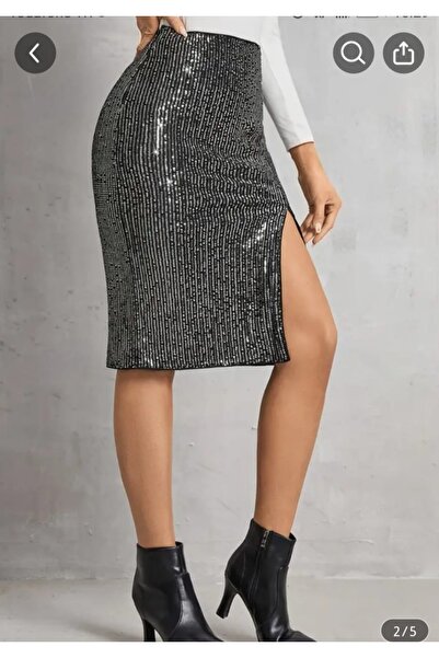 By Kul Design Women's Silver Sequin Slit Detail Skirt