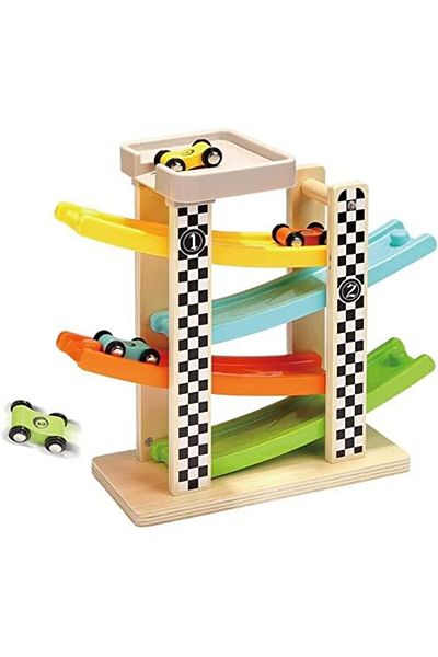 Arabest Toddler Toys for 1 2 Year Old Boy and Girl Gifts Wooden Race Track Car Ramp Racer with 4 Min