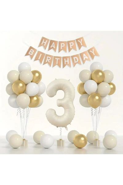 BALON DİYARI Σετ μπαλόνι γενεθλίων 🎂 |   Χρυσό 🤍   Λευκό 🤎   Θαλασσινή άμμος |   Συμπεριλαμβανομένου του αριθμημένου αλουμινόχαρτου μπαλονιού και πανό!