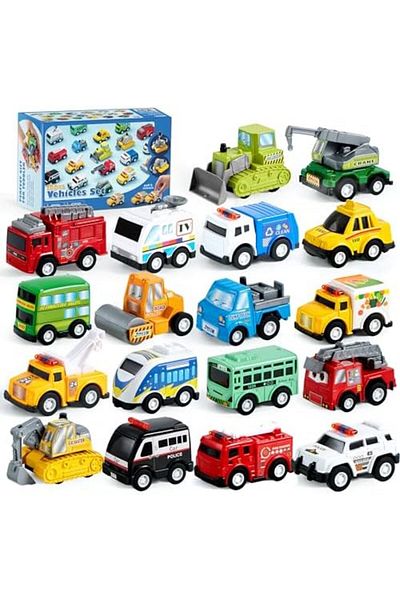 JOYIN 18 Piece Pull Back City Cars and Trucks Toy Vehicles Set Model Car, Friction Powered Die-Cast