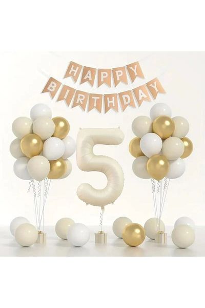 BALON DİYARI Birthday Balloon Set 🎂 |   Gold 🤍   White 🤎   Sea Sand |   Foil Balloon and Banner Including Numbers!