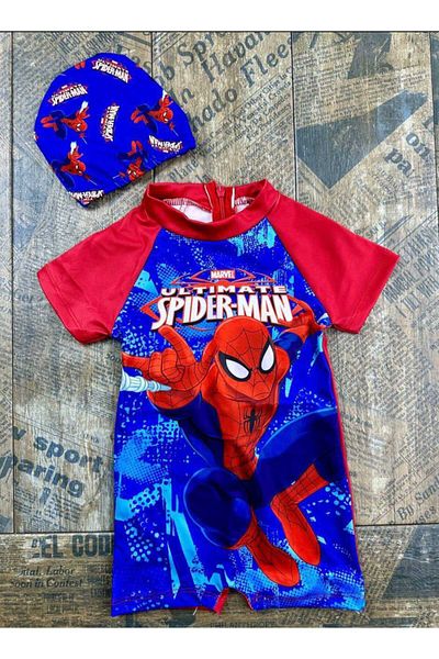 gnygiyim Boy's Character Patterned Hidden Zipper Sun Protection Jumpsuit Swimsuit with Bonnet
