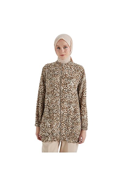 Armine Women's Brown Jacket with Elastic Hem and Zipper 25Yt529